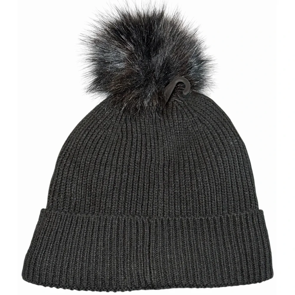 Karl Lagerfeld Paris Women's Apres Ski Faux Fur Pom Pom Beanie Black Winter Hat